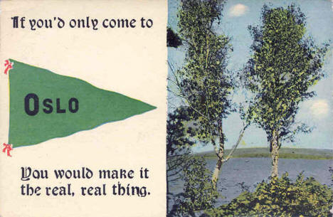 Oslo postcard with river scene, Oslo Minnesota, 1913