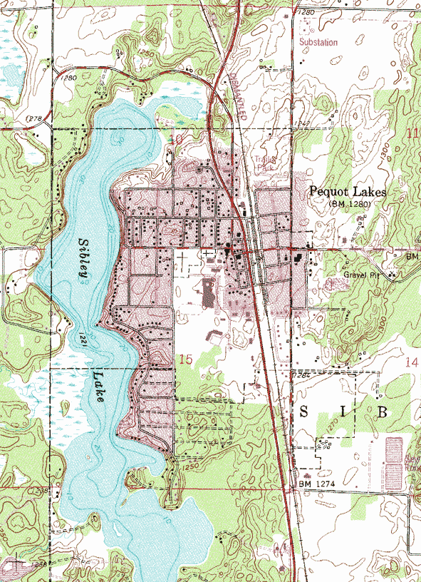 Topographic map of the Pequot Lakes Minnesota area