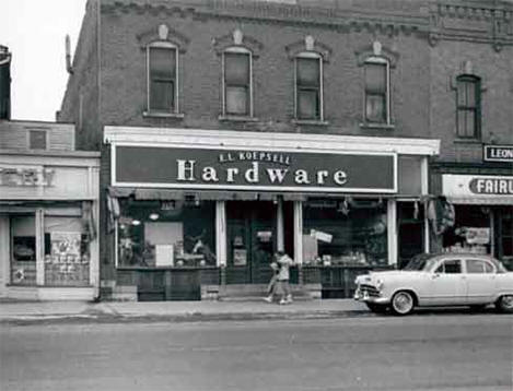 Exterior view of E. L. Koepsell Hardware, Plainview Minnesota, 1956