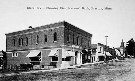 Street scene showing First National Bank, Preston Minnesota, 1900