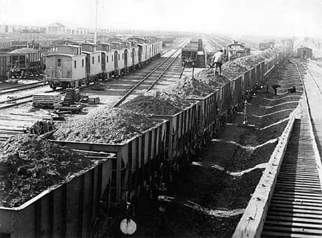 Ore trains in railroad yard at Proctor, Engine Number Seven, 1910
