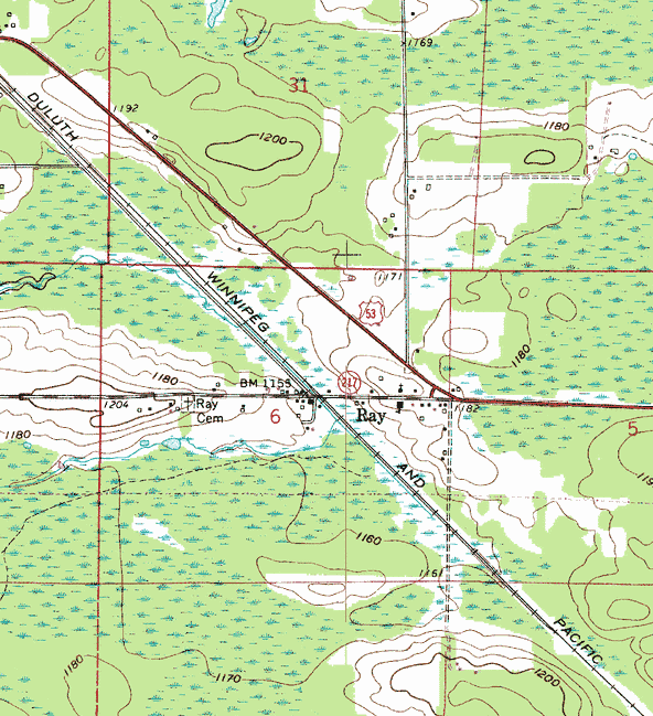 Topographic map of the Ray Minnesota area