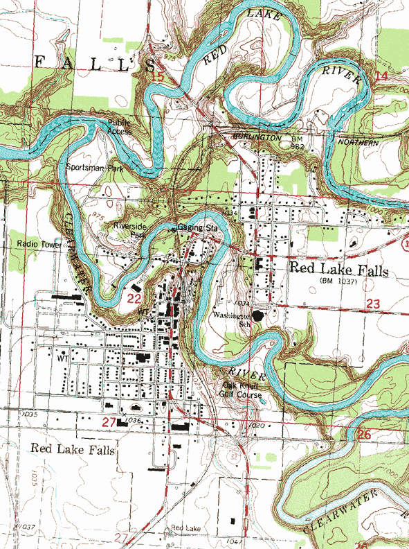 Topographic map of the Red Lake Falls Minnesota area