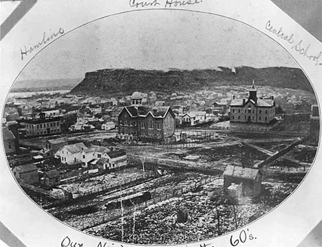 Red Wing looking towards Barn Bluff; note Hamline University, Court House, Central School, 1860's