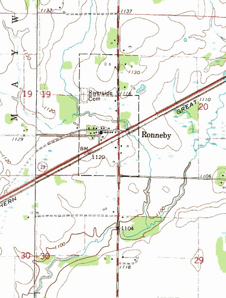 Topographic map of the Ronneby Minnesota area