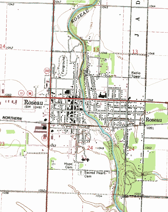 Topographic map of the Roseau Minnesota area