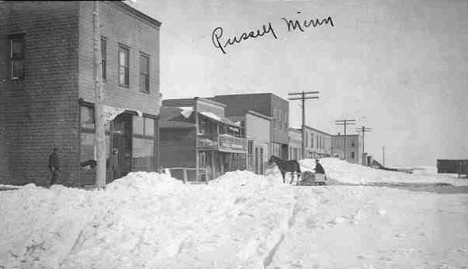 Winter street scene, Russell Minnesota, 1909