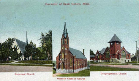 Episcopal, German Catholic and Congregational Churches, Sauk Centre Minnesota, 1909