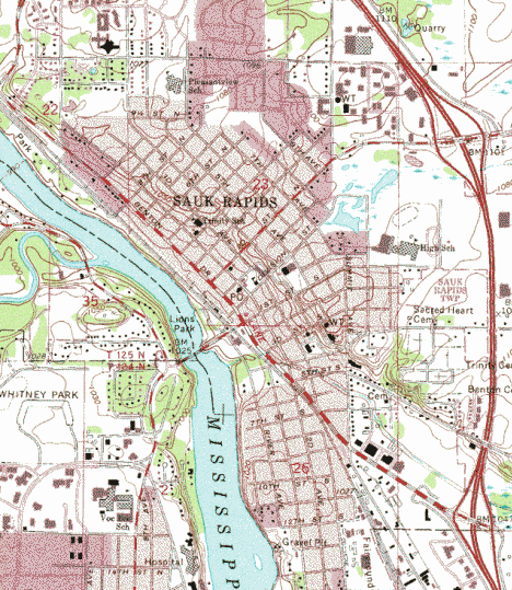 Topographic map of the Sauk Rapids Minnesota area