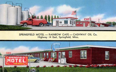 Springfield Motel, Rainbow Cafe and Cashway Oil, Springfield Minnesota, 1950's