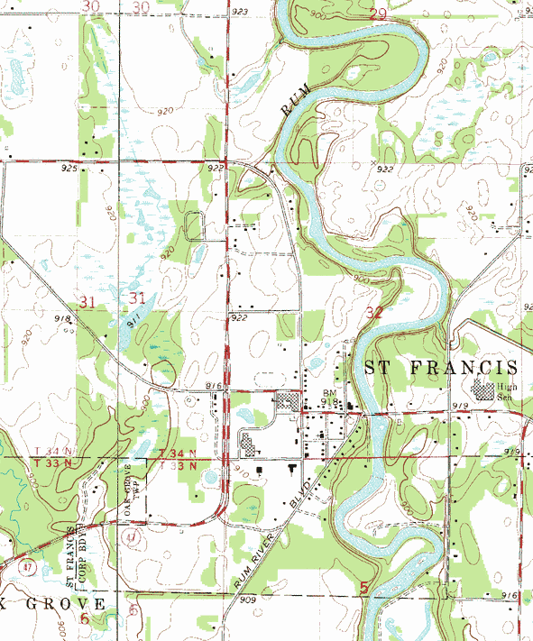 Topographic map of the St. Francis Minnesota area