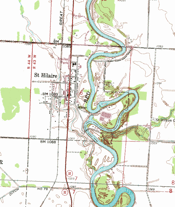 Topographic map of the St. Hilaire Minnesota area