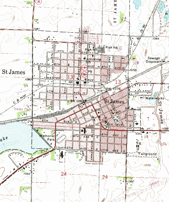 Topographic map of the St. James Minnesota area