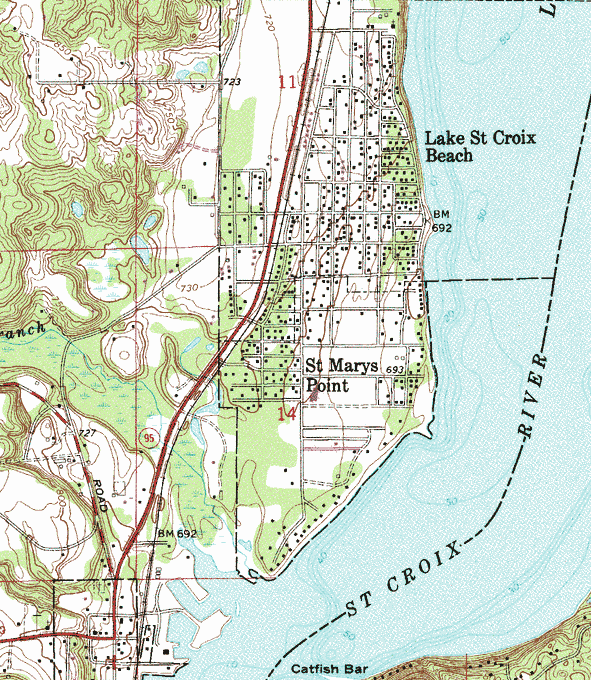 Topographic map of the St. Mary's Point Minnesota area