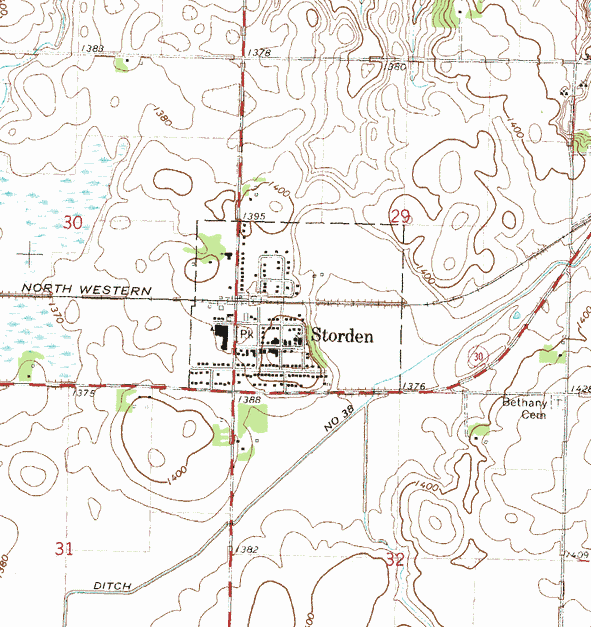 Topographic map of the Storden Minnesota area