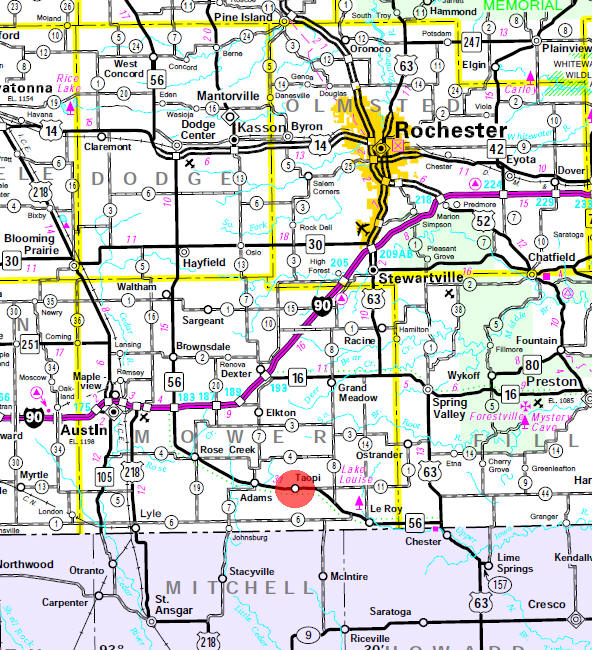 Minnesota State Highway Map of the Taopi Minnesota area