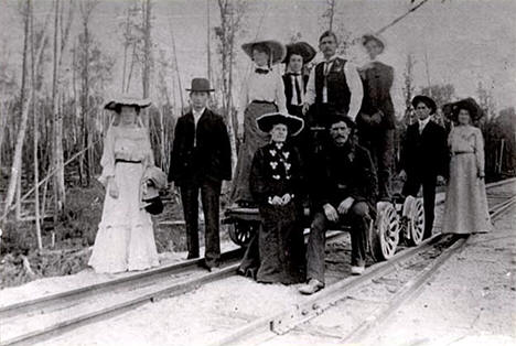 Tenstrike citizens using a railroad handcar to get to a social gathering, 1905