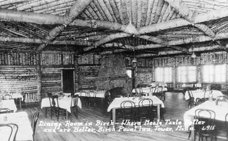 Dining room with walls of birch, Birch Point Inn, near Tower Minnesota, 1920's