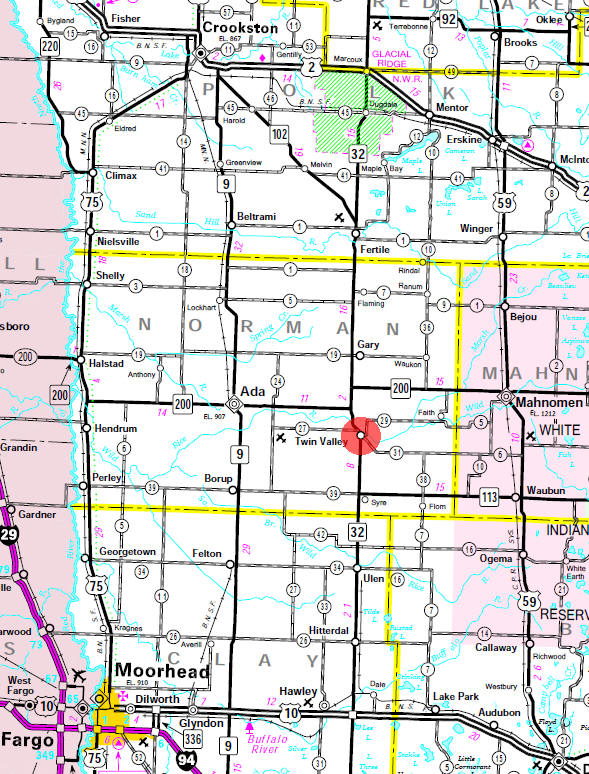 Minnesota State Highway Map of the Twin Valley Minnesota area