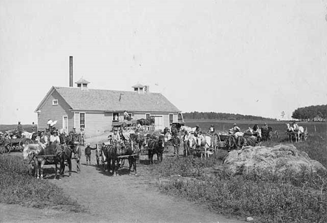 Wagons at creamery near Twin Valley Minnesota, 1900