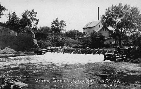 River scene showing dam, Twin Valley Minnesota, 1920