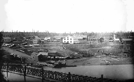 Shore front general view of Two Harbors showing construction of ore docks, 1880
