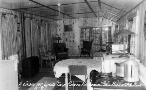 Interior, Cabin at Lind's Twin Points Resort, Two Harbors Minnesota, 1940's