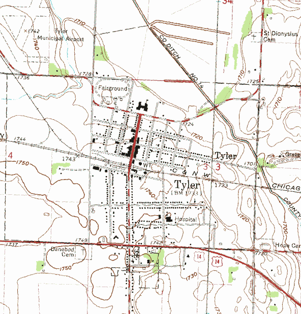 Topographic map of the Tyler Minnesota area
