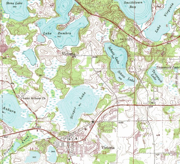 Topographic map of the Victoria Minnesota area