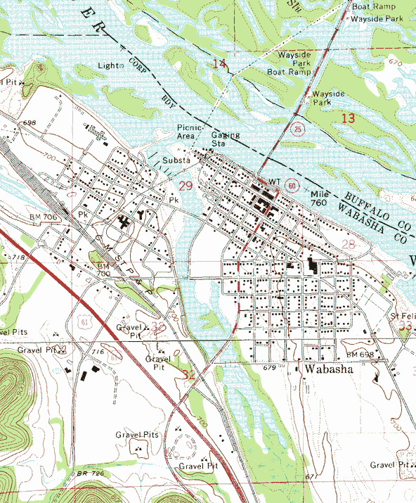 Topographic map of the Wabasha Minnesota area