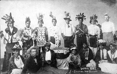 Chippewa war dancers in costume, Wahkon Minnesota, 1909