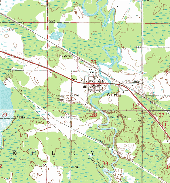 Topographic map of the Warba Minnesota area