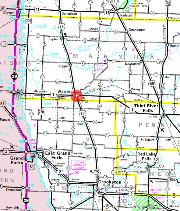 Minnesota State Highway Map of the Warren Minnesota area