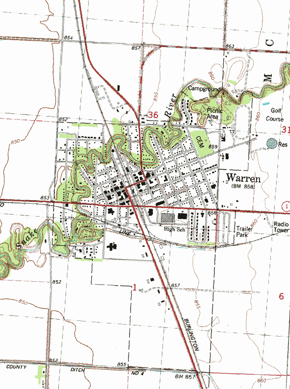 Topographic map of the Warren Minnesota area