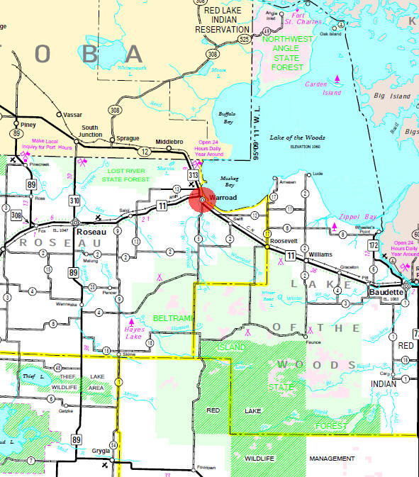 Minnesota State Highway Map of the Warroad Minnesota area