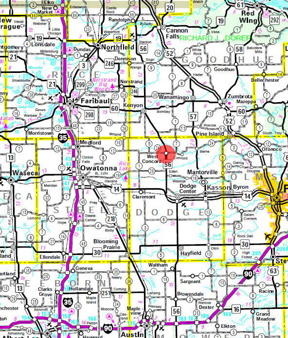 Minnesota State Highway Map of the West Concord Minnesota area