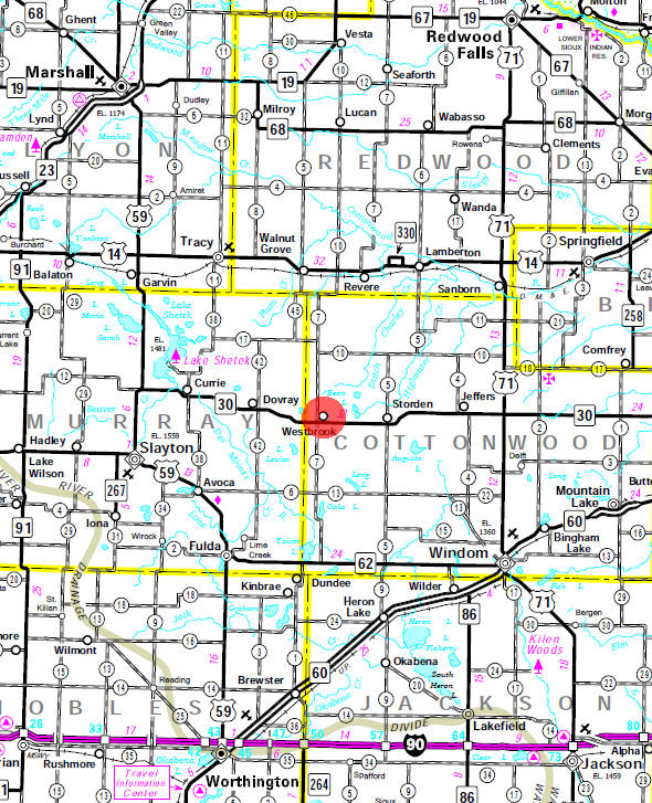 Minnesota State Highway Map of the Westbrook Minnesota area
