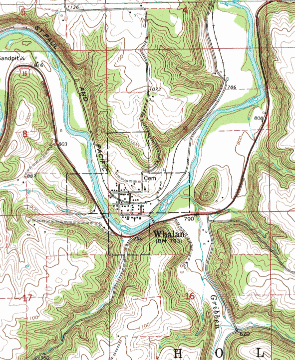 Topographic map of the Whalan Minnesota area