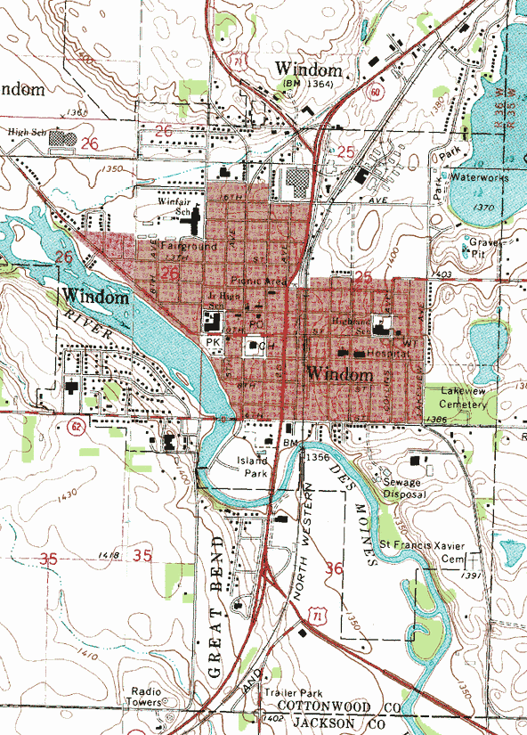 Topographic map of the Windom Minnesota area