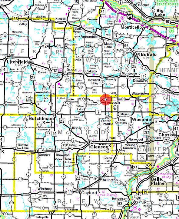 Minnesota State Highway Map of the Winsted Minnesota area