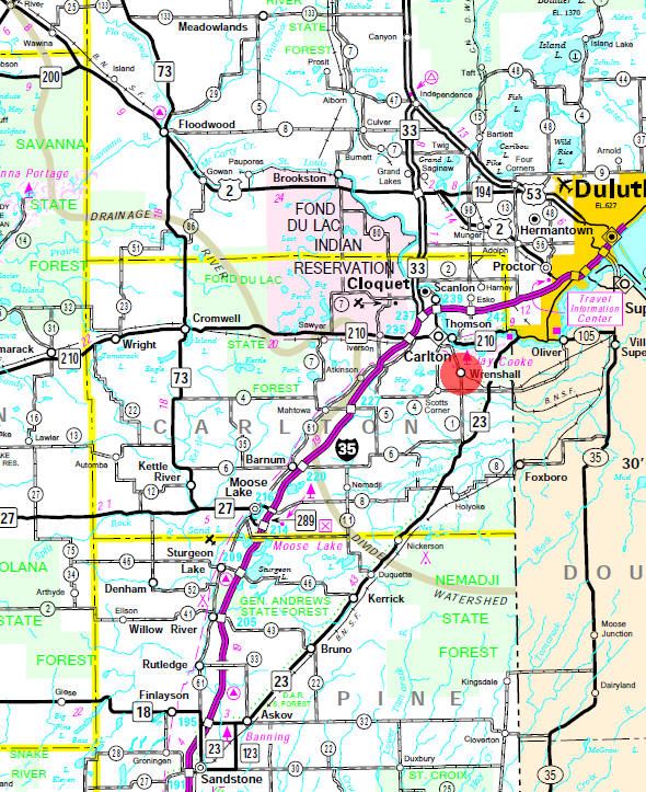 Minnesota State Highway Map of the Wrenshall Minnesota area