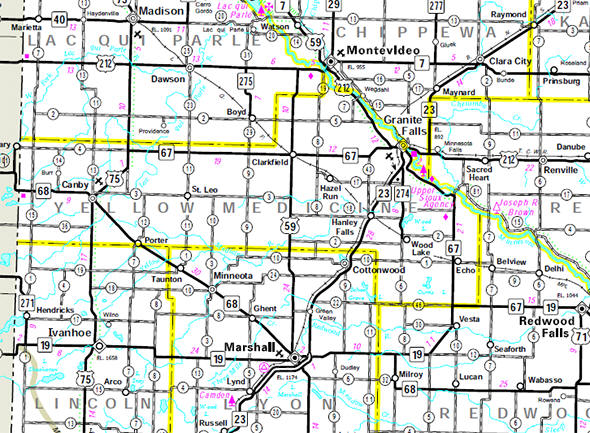 Minnesota State Highway Map of the Yellow Medicine County Minnesota area