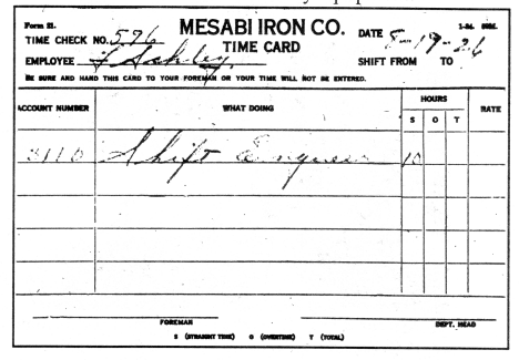 Time card, Babbitt plant, 1926