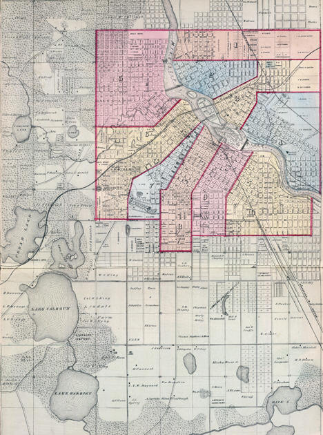 Plan of the City of Minneapolis and vicinity, from An illustrated historical atlas of the State of Minnesota, Published by A.T. Andreas, Lakeside Building, Chicago, Illinois, 1874.