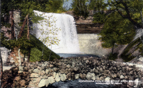 Minnehaha Falls and Stone Arch Bridge, Minneapolis Minnesota, 1915