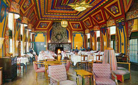 Dining room and lounge at Naniboujou Lodge, east of Grand Marais, 1950