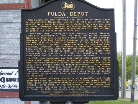 Historical marker at Fulda Depot, Fulda Minnesota, 2014
