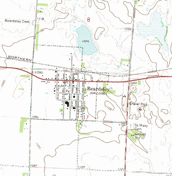 Topographic map of the Beardsley Minnesota area