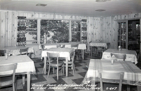 Dining room at Swedmark Lodge on Lake Andrusia, Bemidji Minnesota, 1952