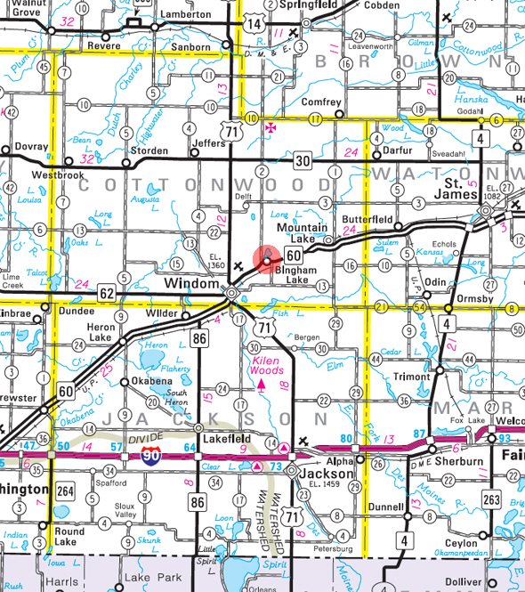 Minnesota State Highway Map of the Bingham Lake Minnesota area